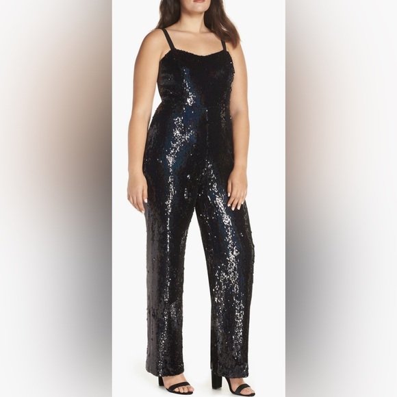 dress the population black sequin jumpsuit Dress The Population Victoria Sequin Sleeveless Jumpsuit, Black Pearl, Women's, X-Large